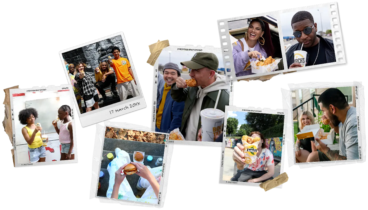 Collage-style layout of diverse people enjoying Church’s Texas Chicken®holding drinks, sandwiches, and chicken outdoors and indoors.