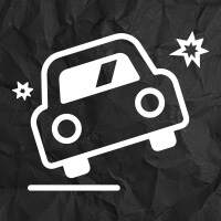 White icon of a car tilted to one side with two star shapes near it, on a black crumpled background